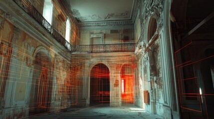 Fototapeta premium Abandoned Historic Building Interior with Architectural Details and Colorful Light Trails in an Atmospheric Environment
