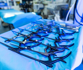 Neurosurgery instruments ready. Surgical instruments are meticulously arranged, ready for use in a...