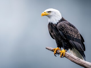 Obraz premium Majestic bald eagle perched on a branch against a soft, blurred background