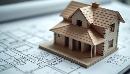 Model house displayed on blueprint highlights design for building project. Architectural visualization, presentation of residential building. Creative apartment concept, closeup build residence
