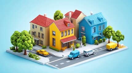 Isometric icon or infographic components depicting a low-poly town apartment building with streets and cars, designed for city map creation