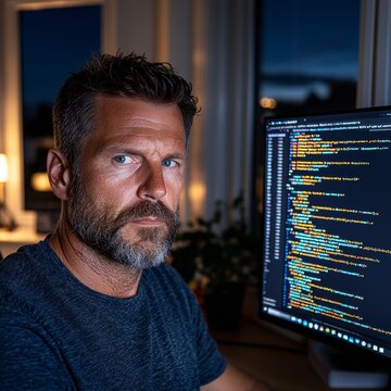Serious Programmer Works Late at Night on Computer Code Software Development