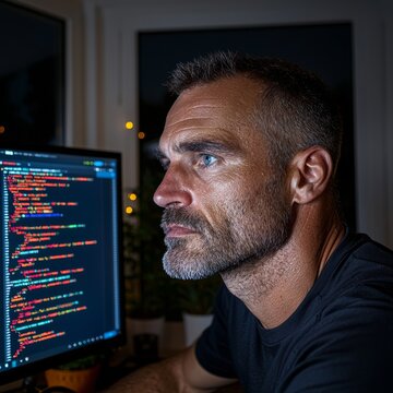 Focused Software Developer Looking at Code on Computer Screen at Night