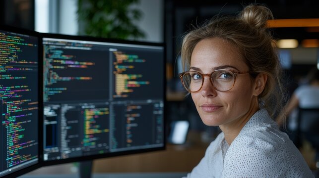 Female Software Developer Looks at the Camera With Code on Monitors