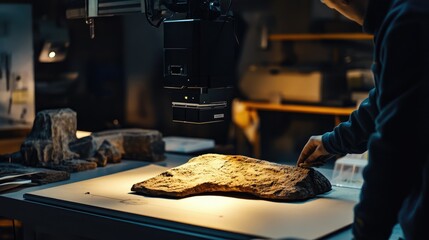 Close-up of a Person Inspecting an Ancient Artifact with Professional Equipment in a Dimly Lit Laboratory Environment