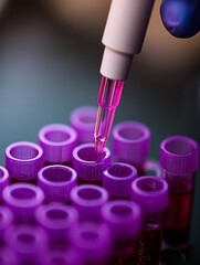 Scientist filling test tubes with pink liquid using a pipette in a lab