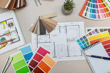 architectural drawings house blueprints with palette of colors designs for interior works