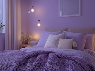 A cozy bedroom featuring a bed with pillows and a soft blanket