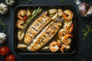 Overhead view of a black tray featuring delicious baked swordfish prawns and confit garlic