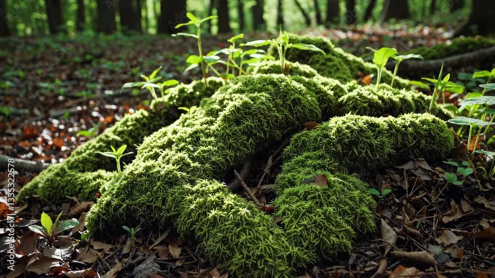 Poster lush green moss covering forest floor with sunlight filtering through trees