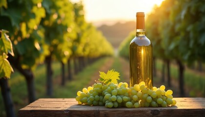 Fototapeta premium Bottle of white wine, grapes on rustic wooden table in vineyard during sunset. Wine bottle product demonstration. Grape harvest season on vinery background. Wine industry promotion. Winemaking