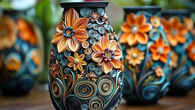 Colorful decorative vases with floral designs displayed on a table