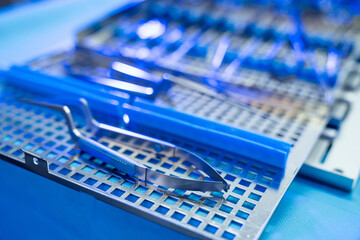 Neurosurgery tools ready. Surgical tools are neatly arranged on a sterile tray for a neurosurgery...