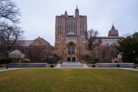 New Haven, Connecticut &ndash; March 15, 2025: Sterling Memorial Library, Yale&rsquo;s largest, showcases Collegiate Gothic design with stone carvings, stained glass, and a grand entrance, completed in 1931.