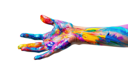 Painter showing colorful hand and forearm covered in paint on transparent background