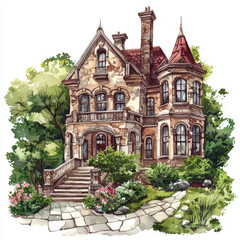 Watercolor mansion nestled among lush greenery, its charming architecture evoking sense of tranquility and history