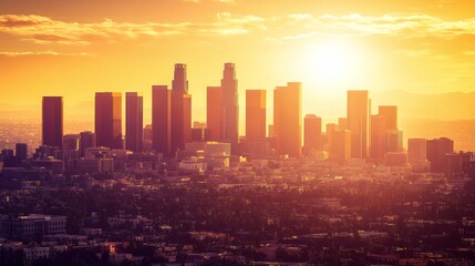 Fototapeta premium Majestic cityscape bathed in a radiant golden sunset atmosphere