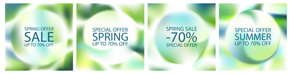 Gradient light background set. Square poster, organic green pattern design. Soft sunny garden spring summer presentation template. Fluid liquid graphic 3d design, pastel noise mesh eco social banner.