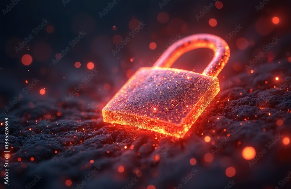 Fototapete glowing red padlock levitates above rough surface surrounded by bokeh lights. digital security abstr