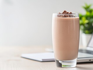 Modern Workspace with Vegan Protein Shake and Laptop Nearby