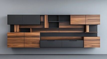 A modern office wall unit featuring sleek black and walnut wood shelves, cupboards, and drawers