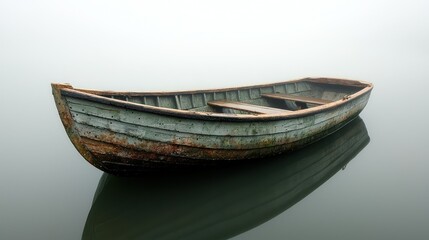 Solitude on Misty Lake: A Weathered Rowboat's Stillness