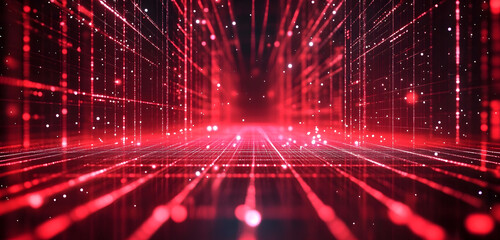 Abstract red matrix background. Digital tech display, computer cyberspace graphic. Futuristic network communication connection. Modern information design texture. Light code grid mesh. Science. Art.