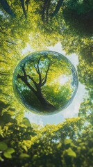 A spherical display reveals a beautiful forest landscape view