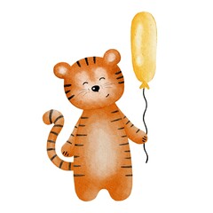 A cute smiling tiger with a yellow balloon on a white background
