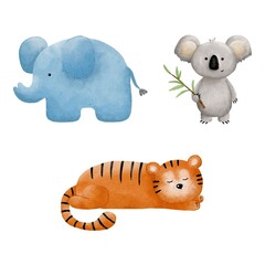 A set of jungle animals: a tiger, an elephant and a koala on a white background