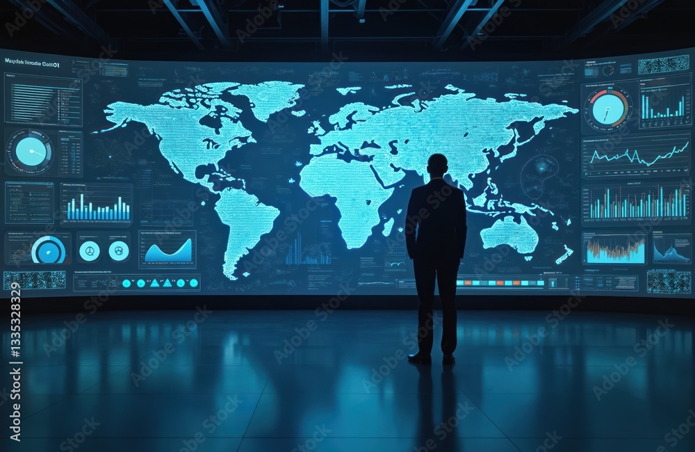 Poster man looks at digital screen displaying world map, real-time data analytics, predictive modeling. sof