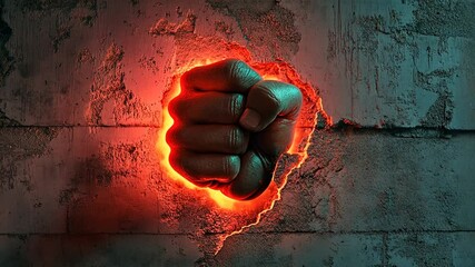 Human fist punches through wall, symbolizing strength, breakthrough and determination