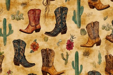 Cowboy boots and lariats on textured leather background