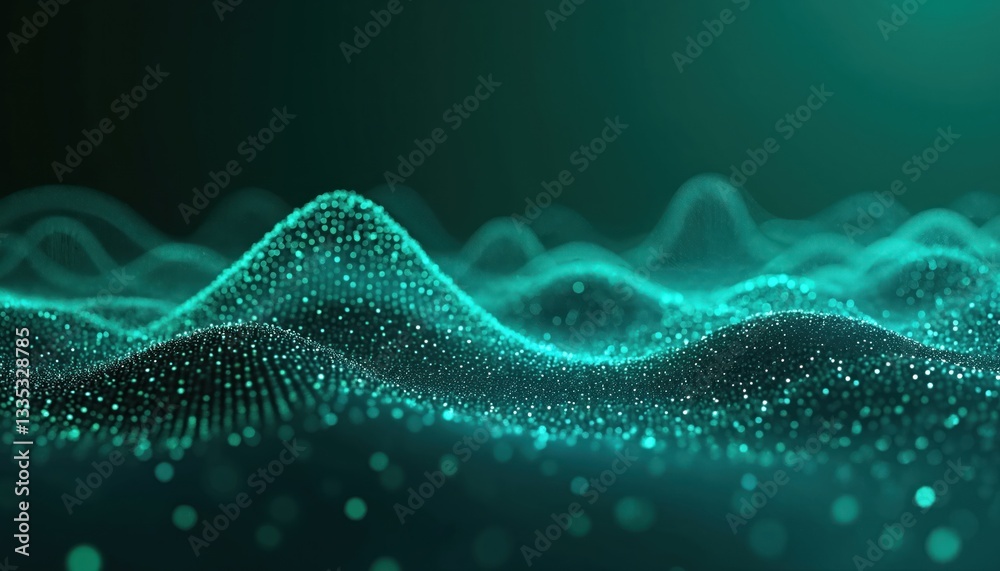 Aufkleber Abstract polygonal waves, dots on dark green background. Digital futuristic cyber texture, polygonal pattern. Connectivity flow tech, modern science design. Web mesh, grid structure, communication
