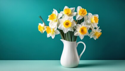 white and yellow daffodils in a white pitcher on teal background
