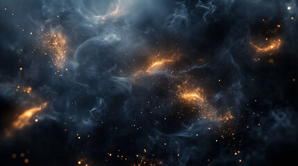 Obraz premium Abstract cosmic smoke with glowing golden sparks on dark background