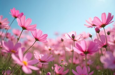Field of pink cosmos flowers in bloom against blue sky. Flower garden with fresh colorful plants. Natural landscape featuring season of autumn beauty in sunlight. Floral meadow with green grass.