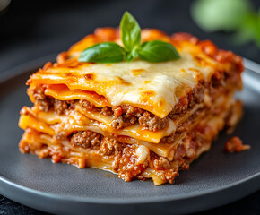 Piece of tasty hot lasagna served with a basil leaf on a gray plate. Italian cuisine, menu, recipe. Homemade meat lasagna. Close up, side view