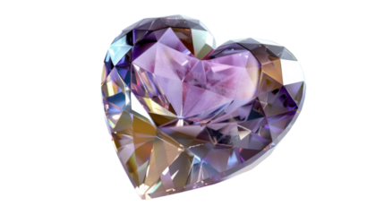 Purple heart-shaped diamond shining on transparent background