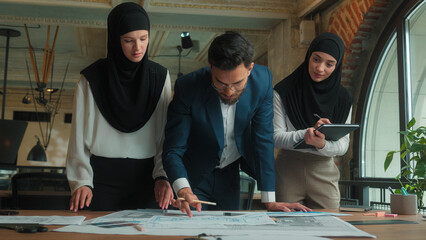 Indian man muslim hijab women business team architects engineers designers builders male female...