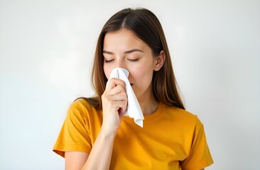 A woman sneezing in handkerchief on white background. Season allergy