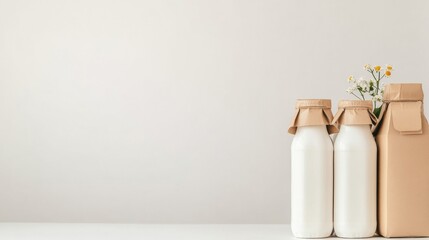 Stack of Milk Cartons with Different Blank Labels and Flowers