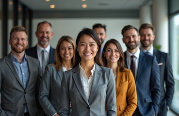 Obraz premium Confident diverse business team portrait, successful smiling multiethnic group. Young adult professionals in suits, formal attire. Modern company staff, leadership, teamwork. Fostering global