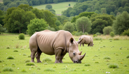 Fototapeta premium Rhino grazing peacefully in lush sanctuary, conservation success