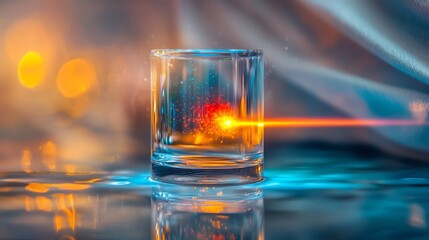 Glass with vibrant light beam, abstract background, colorful bokeh, reflective surface.
