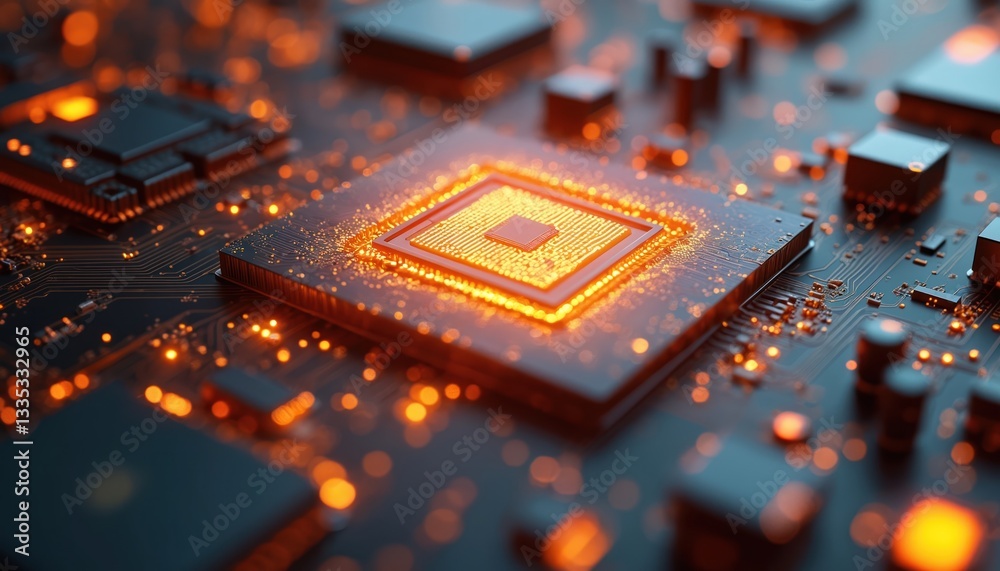 Aufkleber Close-up of glowing quantum computer circuit board with processor. Orange light emphasizes power, tech innovation. Futuristic tech illustration great for showing cutting edge computing.