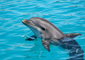 Naklejka premium Dolphin Swimming Underwater, Marine Mammal in Blue Ocean