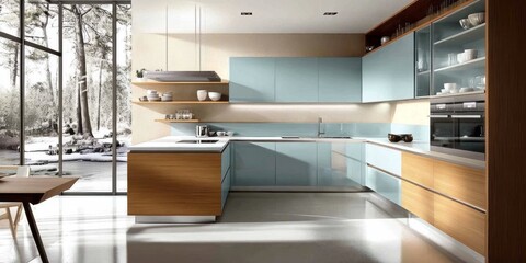 A modern kitchen interior featuring blue cabinets and natural wood accents