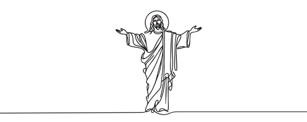 One line drawing of Lord Jesus with outstretched arms. One line vector illustration