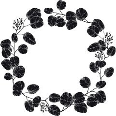 silhouette circular wreath made of Eucalyptus leaves. Botanical illustration with eucalyptus Foliage